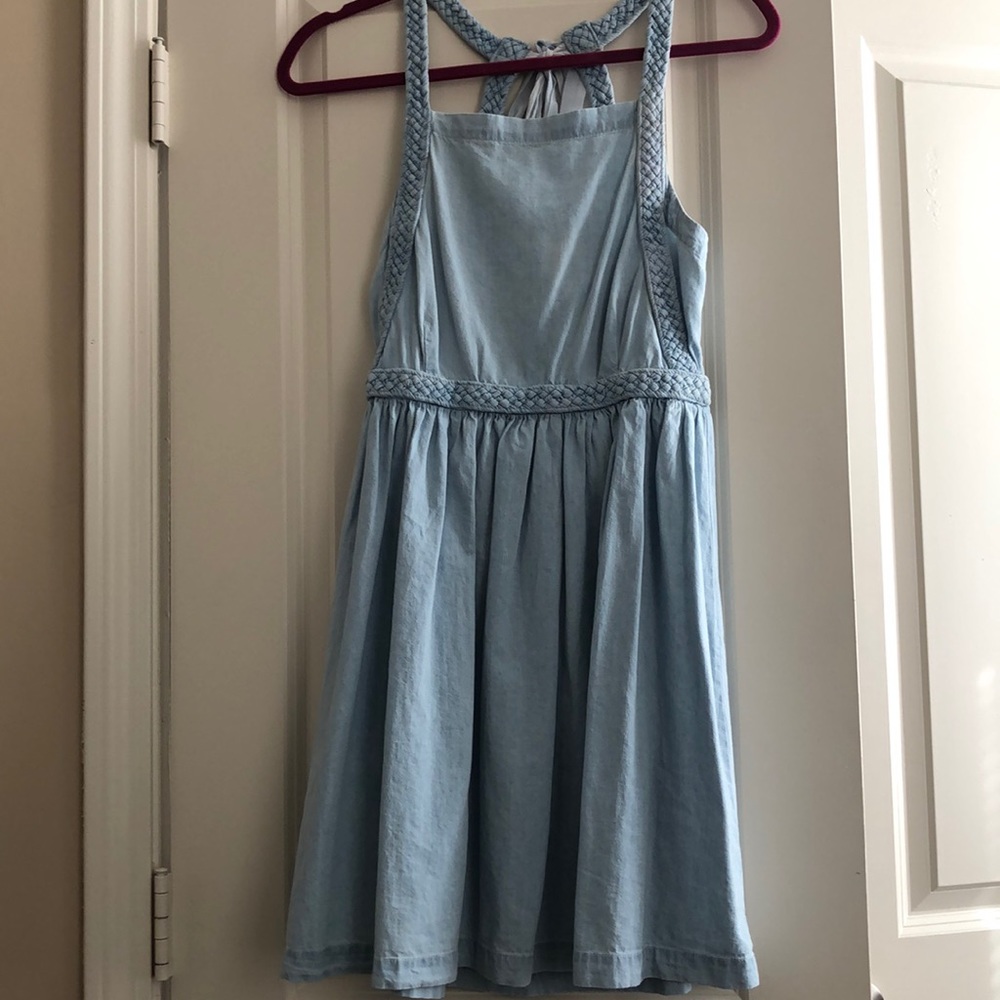 Baby Blue cotton denim mini dress with back tie!